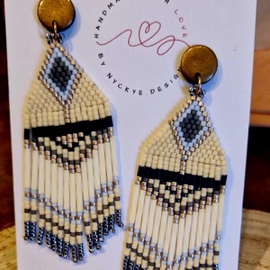 Hosszú, lógós, mintás, fekete, fehér, arany, kék színű miyuki delica gyöngy fülbevaló. Brickstitch. Ajándék nőknek. - ékszer - fülbevaló - lógó fülbevaló - Meska.hu