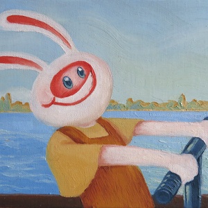 Nyuszi rolleren (olajfestmény), Művészet, Festmény, Olajfestmény, Festészet, MESKA