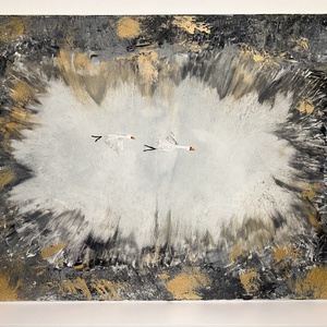 Aurum - Akril absztrakt festmény hattyúkkal - művészet - festmény - akril - Meska.hu