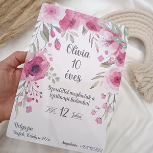 Születésnapi meghívó rózsaszín virágos mintával - Olivior - Meska.hu