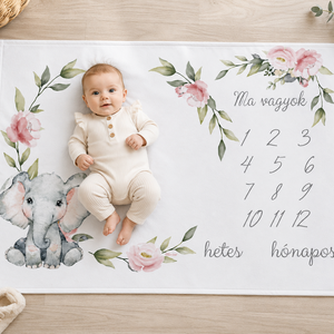 Elefánt mintás neves hónaptakaró mérföldkőpléd, Baba - mama, Baba ágynemű, Babatakaró, gyerek pléd, Varrás, Fotó, grafika, rajz, illusztráció, MESKA
