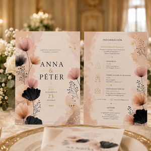 Blush Noir � Elegáns púderrózsaszín és fekete virágos esküvői meghívó - esküvő - meghívó & kártya - meghívó - Meska.hu