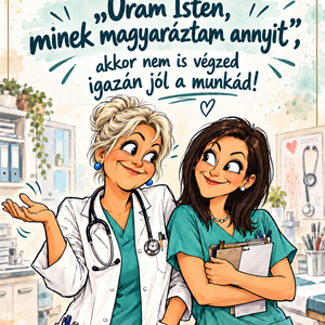 Nővérmosoly – vidám, karikatúrás nővérillusztráció, Művészet, Portré & Karikatúra, Portré, Fotó, grafika, rajz, illusztráció, A „Nővérmosoly” illusztráció humorral mutatja meg az egészségügyi munka egyik ismerős pillanatát: a..., MESKA