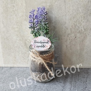 Levendula, gumi, real-touch, műnövény üvegvázában, 13cm, táblával - kellékek & szerszámok - dekorációs kellékek - egyéb kellékek - Meska.hu