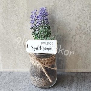 Levendula, gumi, real-touch, műnövény üvegvázában, 13cm, táblával - kellékek & szerszámok - dekorációs kellékek - egyéb kellékek - Meska.hu