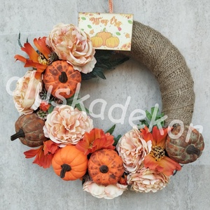 Őszi ajtódísz, kopogtató, selyemvirággal, tökkel díszítve, kézműves termék, kb. 30cm - Meska.hu