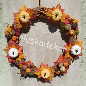 Őszi leveles koszorú, tökös, makkos ajtódísz, kopogtató, kézműves termék, kb. 56cm - otthon & életmód - dekoráció - ajtó- és ablak dekoráció - ajtódísz & kopogtató - Meska.hu