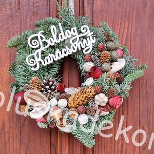 Élő fenyős klasszikus fehér, piros, natúr karácsonyi, ajtódísz, kopogtató, koszorú, Karácsony, Karácsonyi lakásdekoráció, Karácsonyi ajtódíszek, , MESKA