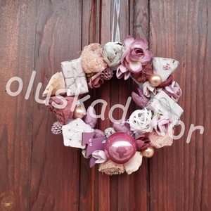 Karácsonyi ajtódísz, kopogtató száraztermésekkel, mini, rózsaszín, 15cm, Karácsony, Karácsonyi lakásdekoráció, Ünnepi asztaldekoráció, Virágkötés, MESKA