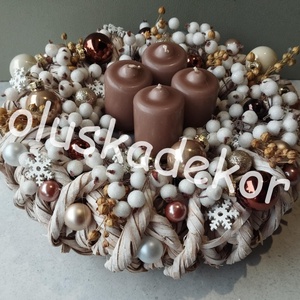 Beige, bézs, arany, barna, fehér adventi koszorú, 30cm - karácsony - karácsonyi lakásdekoráció - ünnepi asztaldekoráció - Meska.hu