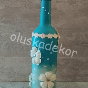 Dekorációs üveg, váza, türkiz - fehér, selyemvirágos, Otthon & Életmód, Dekoráció, Asztal és polc dekoráció, Asztaldísz, Virágkötés, Mindenmás, MESKA