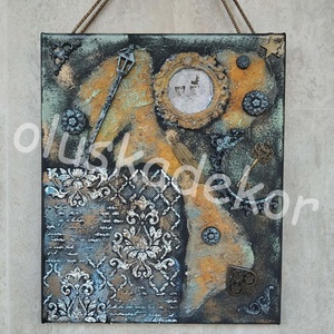 2 D, stencillel, festéssel, fém és agyag dekorációkkal készült falikép, kézműves dekoráció - Meska.hu