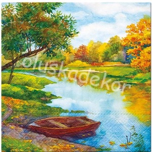 Csónak, folyópart, őszi hangulatú dekoupage, dekupázs dekor szalvéta, Kellékek & szerszámok, Papír, Decoupage papír, Mindenmás, Decoupage, transzfer és szalvétatechnika, MESKA