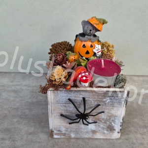 Macis, pókos mécseses halloweeni, őszi, asztaldekoráció, 9x9cm - Meska.hu