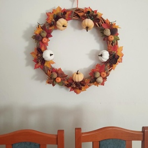 Őszi, ajtódísz, kopogtató, 56cm, száraztermés, levél, tök, makkal díszített koszorú - Meska.hu