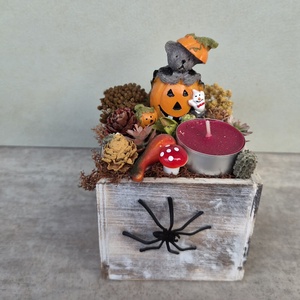 Macis, pókos mécseses halloweeni, őszi, asztaldekoráció, 9x9cm - Meska.hu