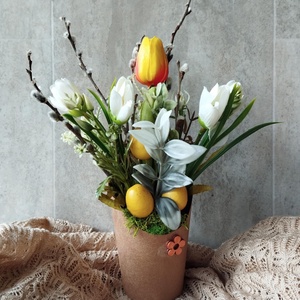 Tulipán, Crocus, Barka, tavaszi, húsvéti asztaldísz, dekoráció, kaspó, 31cm - Meska.hu