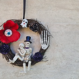 Halloweeni, őszi, csontvázas, ajtódísz, koszorú, kopogtató, ajtó dekoráció - Meska.hu