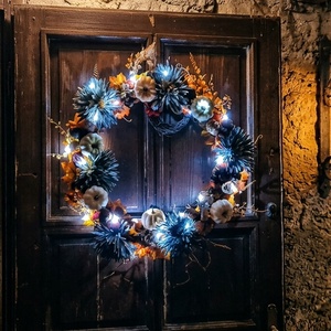 Őszi, halloweeni csontvázas led-es ajtódísz, kopogtató, koszorú, kb. 120cm - otthon & életmód - dekoráció - halloween - halloweeni ajtódíszek és ablakdíszek - Meska.hu