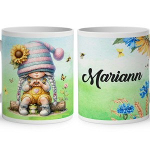 Névvel kérhető - Szívecskés napraforgós manó lány mintás bögre, Otthon & Életmód, Konyhafelszerelés, tálalás, Tálalás, Bögre & Csésze, , MESKA