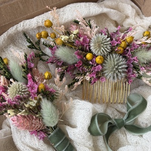 Szárazvirág fejdísz szett, Esküvő, Hajdísz, Fejkoszorú, Virágkötés, MESKA