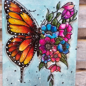 Pillangó színes virágokkal; 30x40 cm-es üveg kép, Otthon & Lakás, Üvegkép, Dekoráció, Kép & Falikép, Festészet, Üvegművészet, Meska