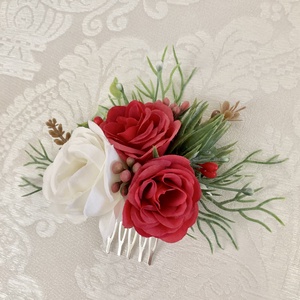 Piros rózsás esküvői menyasszonyi fésűs hajdísz , Esküvő, Hajdísz, Fésűs hajdísz, Virágkötés, MESKA