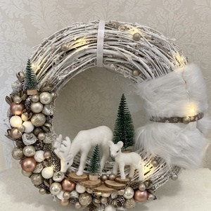 Rusztikus fehér őzikés adventi ajtókopogtató LED fénnyel  - karácsony - adventi díszek - adventi ajtódísz - Meska.hu
