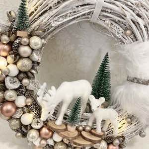 Rusztikus fehér őzikés adventi ajtókopogtató LED fénnyel  - karácsony - adventi díszek - adventi ajtódísz - Meska.hu