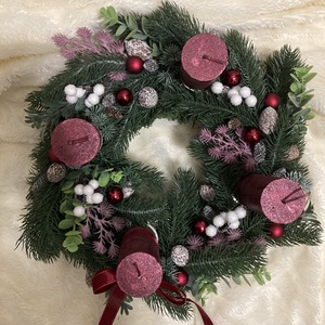 Bordó zöld adventi koszorú élethű műfenyőből - karácsony - adventi díszek - adventi koszorú - Meska.hu