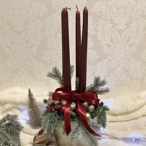 Bordó zöld arany adventi koszorú bordó gyertyákkal kerámia kaspóban - Meska.hu