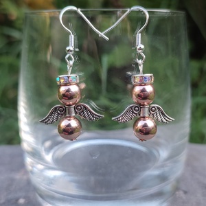 Angyalkás fülbevaló rosegold hematitból, Ékszer, Fülbevaló, Lógó fülbevaló, Ékszerkészítés, MESKA