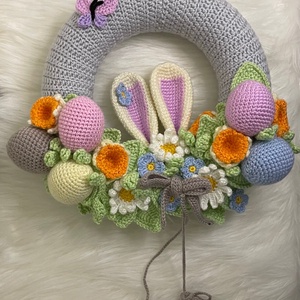 Horgolt húsvéti kopogtató nyuszifüllel � tavaszi ajtódísz, választható függő dekorral, Ünnepi díszek, dekorációk, Húsvéti díszek és dekorációk, Húsvéti ajtódísz, kopogtató, Horgolás, MESKA