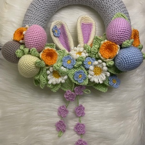 Horgolt húsvéti kopogtató nyuszifüllel � tavaszi ajtódísz, választható függő dekorral - ünnepi díszek, dekorációk - húsvéti díszek és dekorációk - húsvéti ajtódísz, kopogtató - Meska.hu