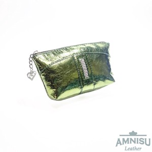 Metál zöld egy cipzáras egyenes swarovski köves bőr kulcstartó E7008 - Meska.hu