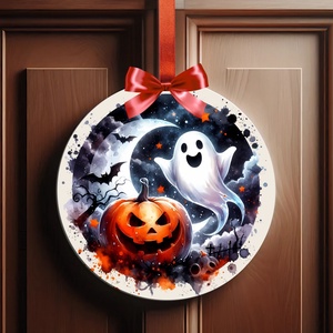 Halloween ajtódísz  vicces halloween töklámpás / szellemes /  denevéres beltéri ajtó kopogtató Ø=20cm , Otthon & Életmód, Dekoráció, Halloween, Halloweeni ajtódíszek és ablakdíszek, Fotó, grafika, rajz, illusztráció, MESKA