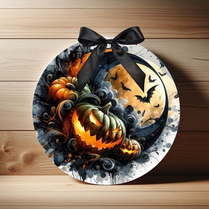 Halloween ajtódísz  vicces halloween töklámpás /  denevéres beltéri ajtó kopogtató Ø=20cm  - otthon & életmód - dekoráció - halloween - halloweeni ajtódíszek és ablakdíszek - Meska.hu