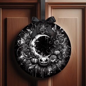 Fekete-fehér Halloween ajtódísz  vicces halloween töklámpás holdas beltéri ajtó kopogtató Ø=20cm , Otthon & Életmód, Dekoráció, Halloween, Halloweeni ajtódíszek és ablakdíszek, Fotó, grafika, rajz, illusztráció, MESKA
