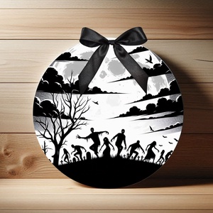 Fekete-fehér Halloween ajtódísz  vicces zombis beltéri ajtó kopogtató Ø=20cm  - otthon & életmód - dekoráció - halloween - halloweeni ajtódíszek és ablakdíszek - Meska.hu