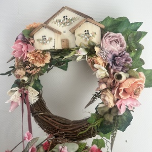 Festett házikós ajtódísz vintage stílusban 42 x 42 x 40 cm Magnóliás koszorú - otthon & életmód - dekoráció - ajtó- és ablak dekoráció - ajtódísz & kopogtató - Meska.hu
