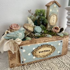 Vintage kék pöttyös ajándék box 29 x 14 x 28 cm Ajándék Anyának - otthon & életmód - dekoráció - asztal és polc dekoráció - asztaldísz - Meska.hu