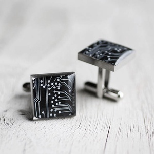 Fekete nyomtatott áramkör mandzsetta gombok (szögletes, orvosi acél) - ékszer - mandzsettagomb és nyakkendőtű - Meska.hu