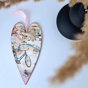 Hosszú szívtábla - bicajos, francia, Otthon & Életmód, Dekoráció, Fali és függő dekoráció, Függődísz, Decoupage, transzfer és szalvétatechnika, Festett tárgyak, MESKA