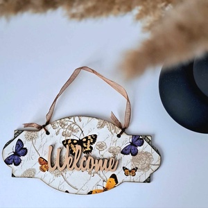 Ajtótábla/Üdvözlőtábla - szalon, lepkés, Otthon & Életmód, Dekoráció, Ajtó- és ablak dekoráció, Ajtótábla, Decoupage, transzfer és szalvétatechnika, Festett tárgyak, MESKA