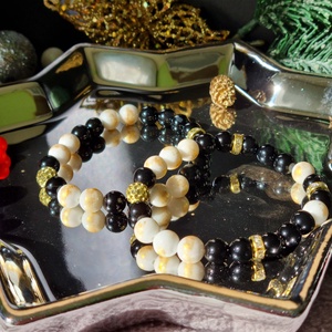 Ónix, aranyozott jáde, Shambala gyöngy karkötő , Ékszer, Karkötő, Ásványkarkötő, Ékszerkészítés, MESKA