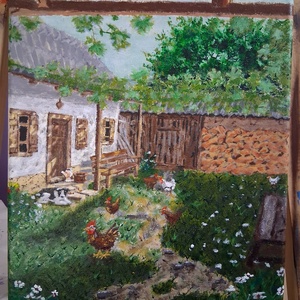 Parasztház állatokkal, Művészet, Festmény, Akril, Festészet, MESKA