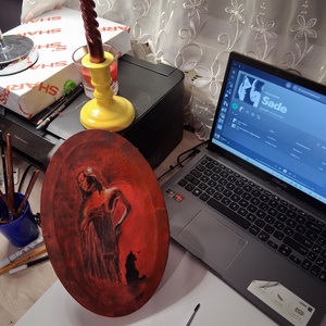 Hölgy egy cicával :) - művészet - festmény - akril - Meska.hu