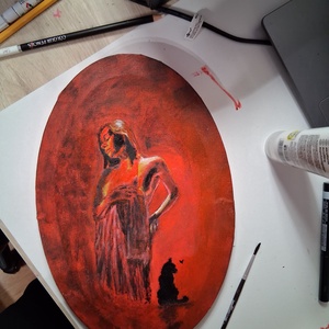 Hölgy egy cicával :) - művészet - festmény - akril - Meska.hu