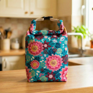 Türkiz virágos lunch bag, Táska & Tok, Uzsonna- & Ebéd tartó, Ebéd tasak, doboz, Varrás, MESKA