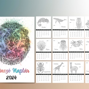 A4 naptár, falinaptár, felnőtt színező, színező naptár, állatos színező, 2024 naptár - otthon & lakás - papír írószer - naptár & tervező - Meska.hu